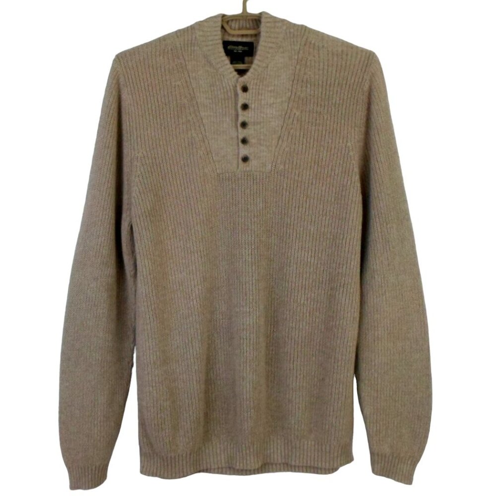 Vintage Y2K Eddie Bauer Tan 100% Cotton Rib Knit 5 Button Placket Henley Sweater